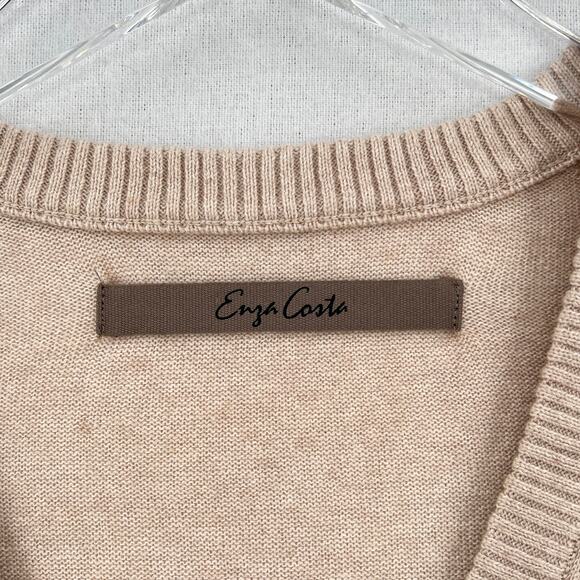 ENZA COSTA Fine Cashmere Knitted V-neck Sweater Medium Large Oatmeal Long Sleeve - Picture 11 of 15